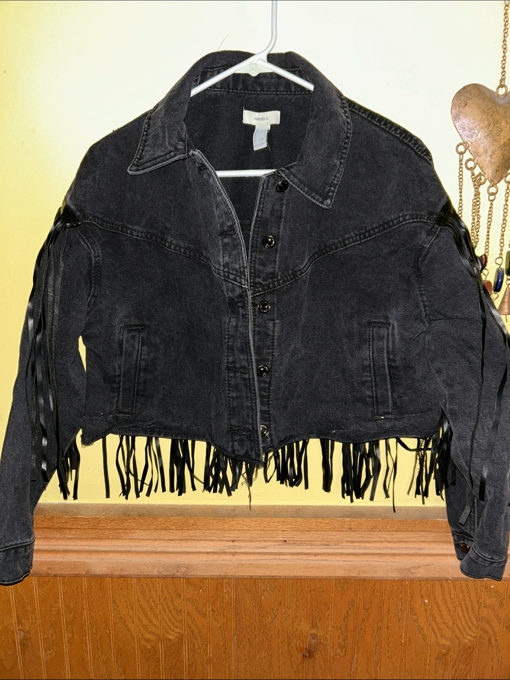 Forever 21 Black Cropped Denim Jacket with Fringe